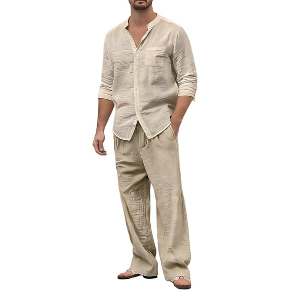 Makaor Linen Sets for Men 2 Piece Summer Loose Lounge Set Big and Tall Travel Outfits with Pockets Trave Matching Set Button down Shirts Drawstring Long Pants Beach Vacation Clothes