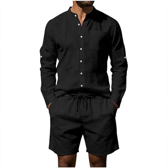 Makaor Linen Sets for Men 2 Piece Summer Loose Lounge Set Big and Tall Travel Vacation Outfits with Pockets Oversized Sets Long Sleeve Button down Shirts Shorts Casual Matching Clothes