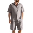 thumbnail image 1 of Makaor Linen Sets for Men Big and Tall 2 Piece Linen Striped Matching Sets Beach Travel Outfits Short Sleeve Button down Shirts Drawstring Shorts Trendy Vacation Clothes, 1 of 8