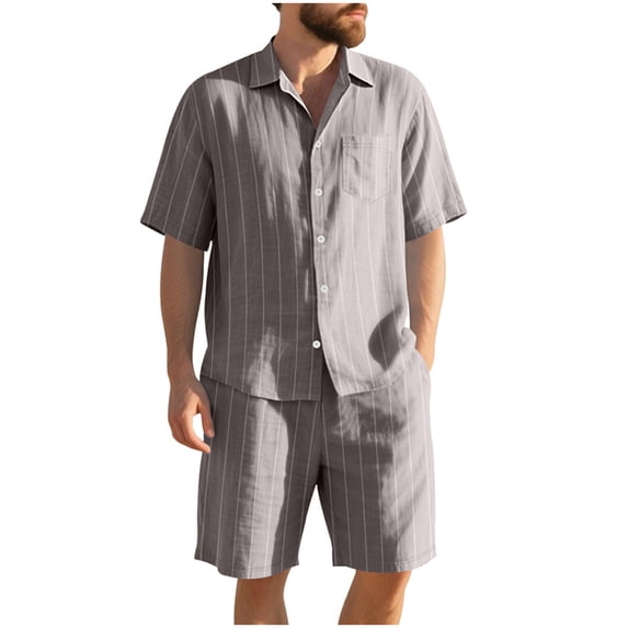 Makaor Linen Sets for Men Big and Tall 2 Piece Linen Striped Matching Sets Beach Travel Outfits Short Sleeve Button down Shirts Drawstring Shorts Trendy Vacation Clothes