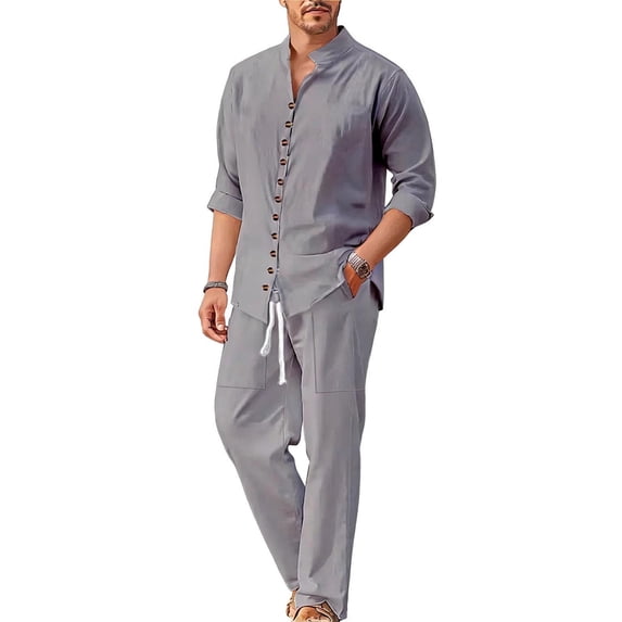 Makaor Linen Sets for Men Big and Tall 2 Piece Solid Color Beach Outfits with Pockets Lounge Sets Long Sleeve Button down Shirts Drawstring Long Long Pants Casual Vacation Clothes