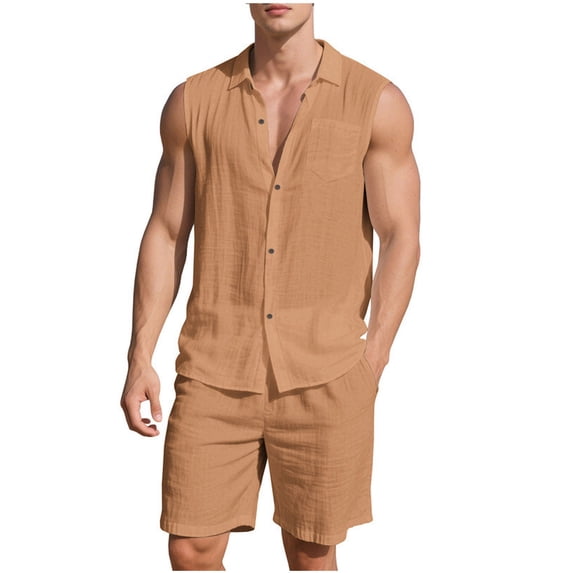 Makaor Linen Sets for Men Big and Tall 2 Piece Solid Color Matching Sets Vacation Outfits Sleeveless Button down Shirts Drawstring Shorts Trendy Travel Clothes