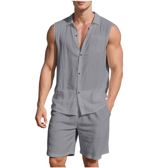 Makaor Linen Sets for Men Big and Tall 2 Piece Solid Color Matching Sets Vacation Outfits Sleeveless Button down Shirts Drawstring Shorts Trendy Travel Clothes