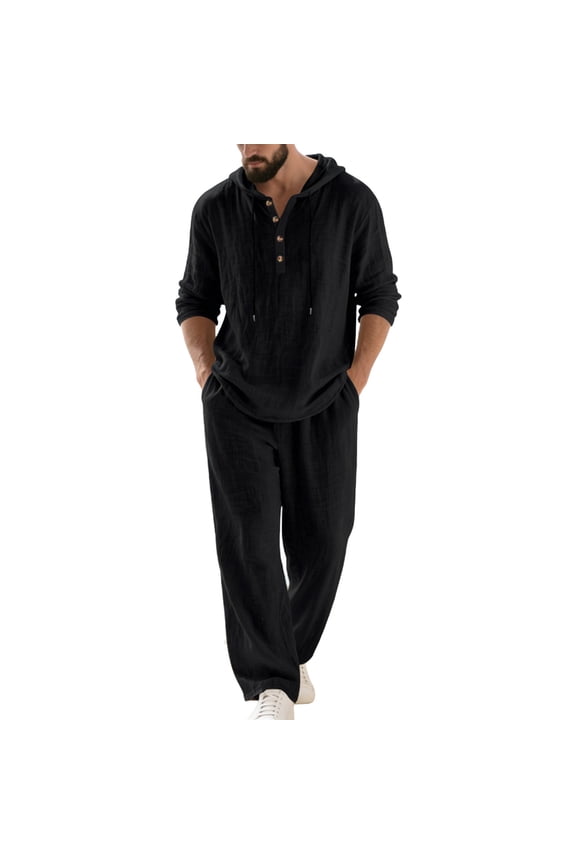 Linen Sets for Men Big and Tall 2 Piece Solid Color Summer Outfits with Pockets Matching Sets Long Sleeve T Shirts Drawstring Long Long Pants Casual Beach Vacation Clothes
