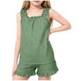 thumbnail image 1 of Makaor Linen Sets for Girls 2 Piece Solid Color Vacation Travel Outfits Ruffle Lounge Sets Sleeveless Tank Tops Shorts Matching Summer Clothes, 1 of 8