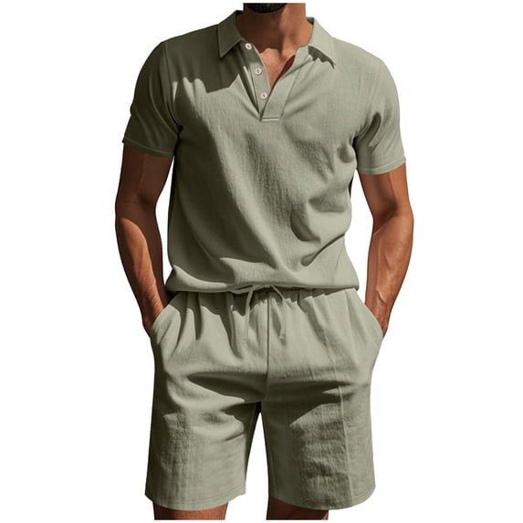 Makaor Linen Sets for Men 2 Piece Big and Tall Solid Color Matching Sets Beach Outfits Short Sleeve T Shirts Drawstring Shorts Trendy Travel Clothes