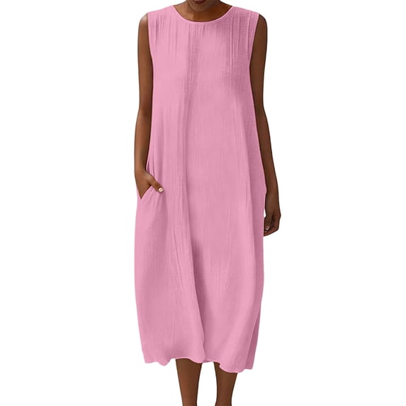 Makaor Maxi Summer Dresses for Women Shift Dresses Plus Size Sleeveless Dress Solid Crew Neck Casual Dress with Pockets Pink L
