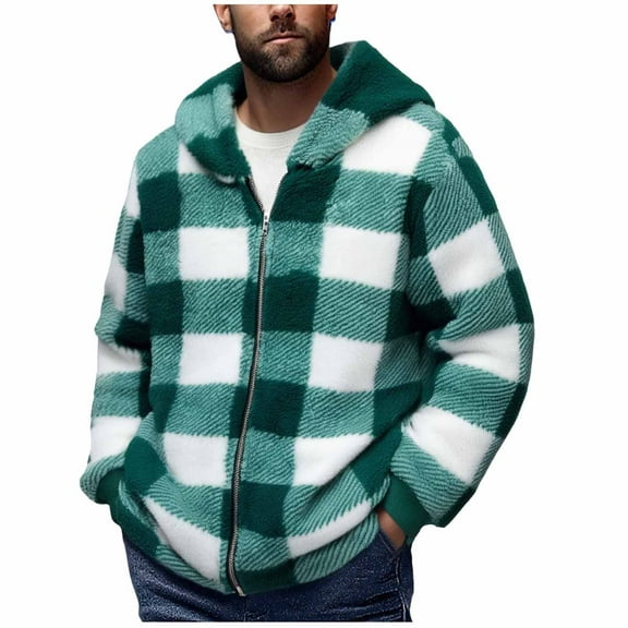 Makaor Mens Shacket Fleece Hooded Jacket Plaid Big and Tall Zipper Long Sleeve Coat Soft Outerwear with Pockets Green