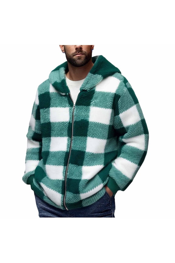 Mens Shacket Fleece Hooded Jacket Plaid Big and Tall Zipper Long Sleeve Coat Soft Outerwear with Pockets Green