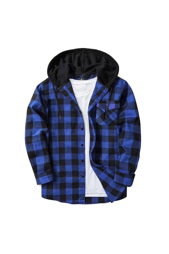 Mens Shacket Hooded Jacket Plaid Big and Tall Button Long Sleeve Coat Fall Winter Outerwear with Pockets Blue 3XL