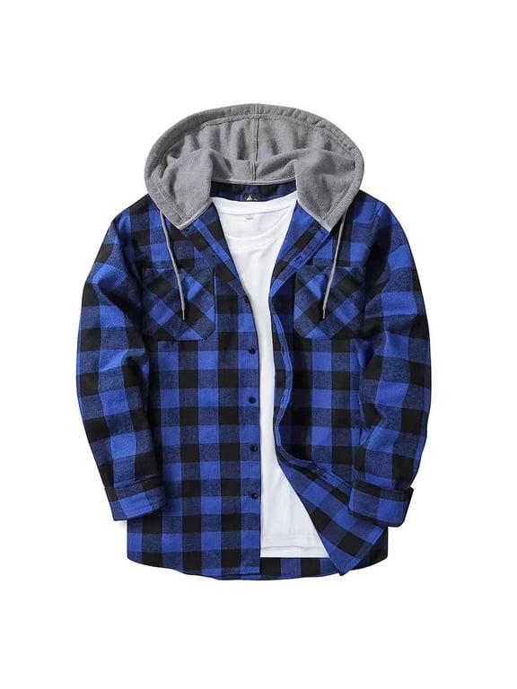 Mens Shacket Hooded Jacket Plaid Big and Tall Button Long Sleeve Coat Fall Winter Outerwear with Pockets Blue M