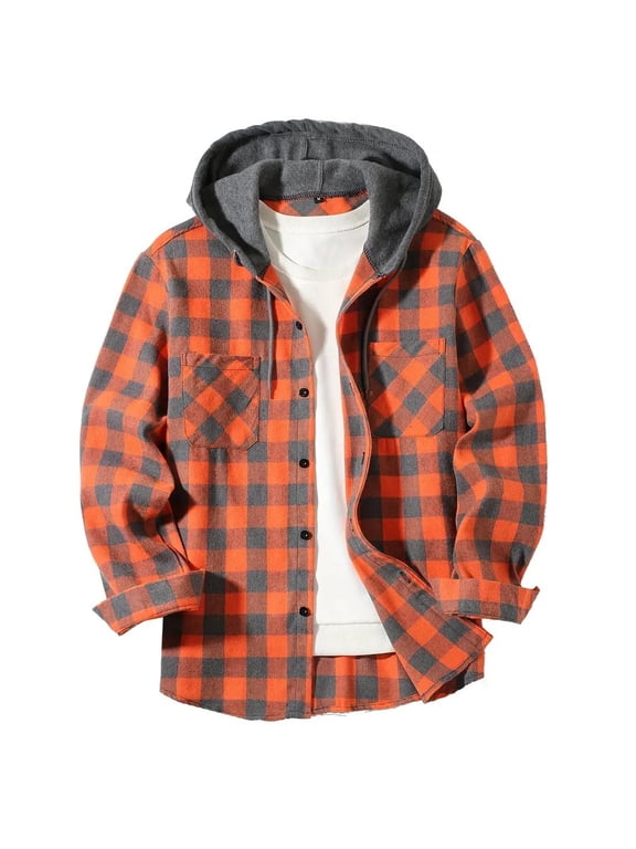 Mens Shacket Hooded Jacket Plaid Big and Tall Button Long Sleeve Coat Fall Winter Outerwear with Pockets Orange M