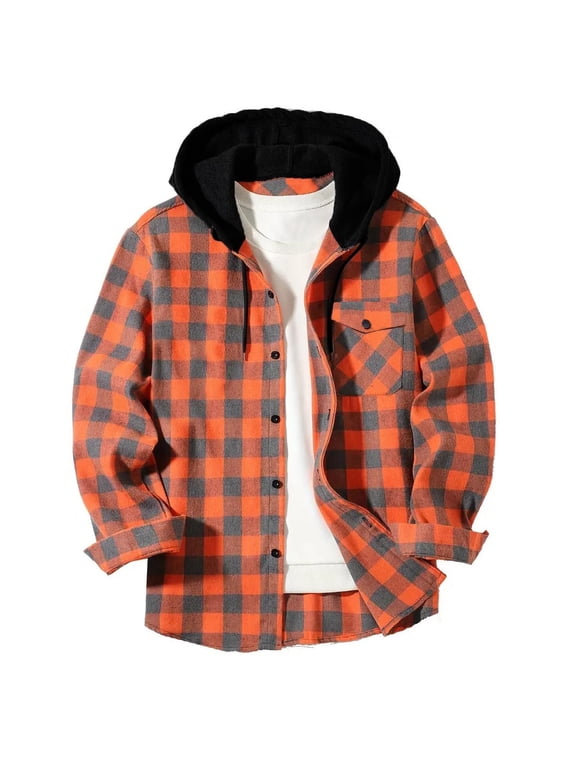 Mens Shacket Hooded Jacket Plaid Big and Tall Button Long Sleeve Coat Fall Winter Outerwear with Pockets Orange