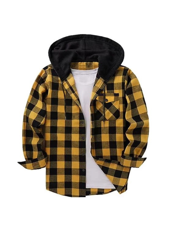 Mens Shacket Hooded Jacket Plaid Big and Tall Button Long Sleeve Coat Fall Winter Outerwear with Pockets Yellow L