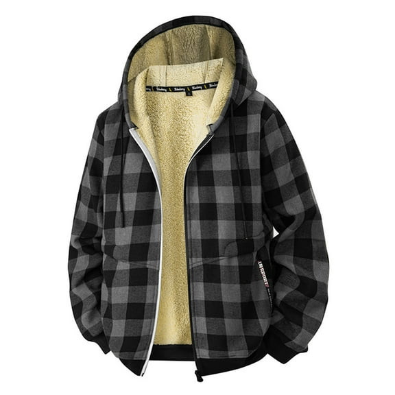 Makaor Mens Shacket Jackets Fleece Hooded Coat Plaid Big and Tall Zipper Long Sleeve Outerwear Cotton Winter Clothes