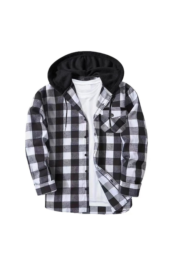 Mens Shacket Jackets Hooded Coat Plaid Big and Tall Button Long Sleeve Outerwear Fall Winter Tops Clothes Pockets