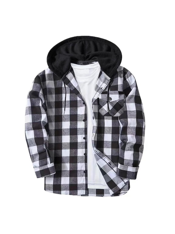 Mens Shacket Jackets Hooded Coat Plaid Big and Tall Button Long Sleeve Outerwear Fall Winter Tops Clothes Pockets