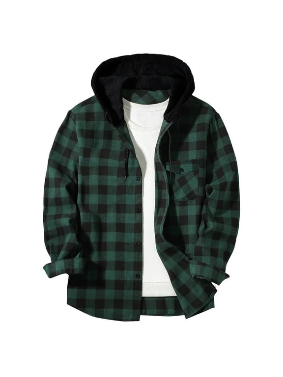 Mens Shacket Jackets Hooded Coat Plaid Big and Tall Button Long Sleeve Outerwear Fall Winter Tops Clothes Pockets
