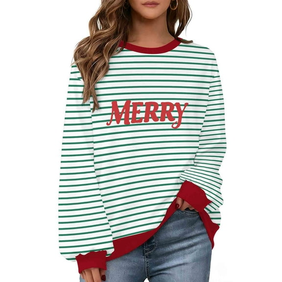 Makaor Womens Sweatshirts Christmas Plus Size Crew Neck Tops Striped Long Sleeve Pullover Tees Fleece Cute Vacation Clothes