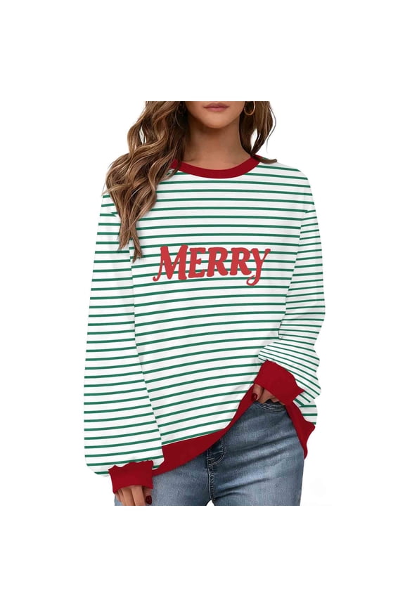 Womens Sweatshirts Christmas Plus Size Crew Neck Tops Striped Long Sleeve Pullover Tees Fleece Cute Vacation Clothes