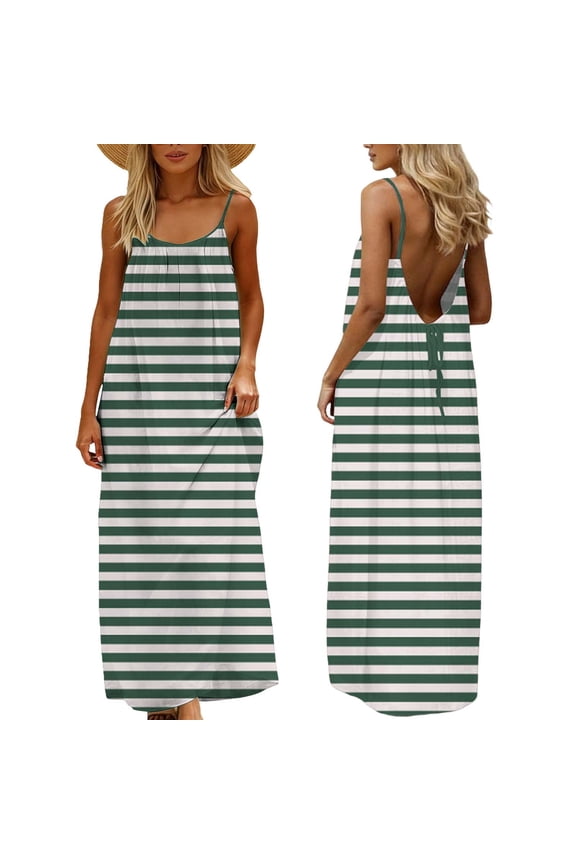 Open Back Dress for Women Shift Maxi Dresses Plus Size Sleeveless Spaghetti Strap Dress Striped Scoop Neck Backless Beach Vacation Clothes Green S