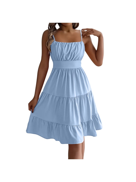 Open Back Dresses for Women A Line Ruched Midi Dresses Plus Size Sleeveless Spaghetti Strap Dress Solid Square Neck Empire Waist Beach Vacation Clothes Sky Blue XL