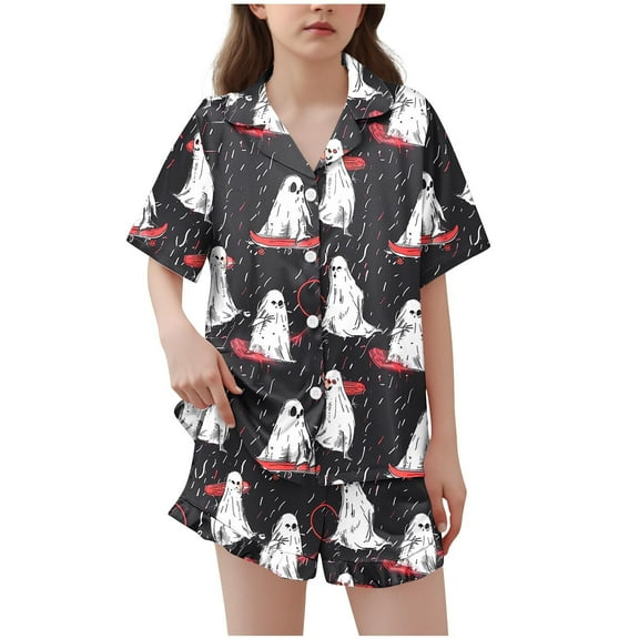 Makaor Pajamas Outfits for Kids Boys Girls Halloween Button down Short Sleeve Nightwear Shorts Pjs Set Ghost Loungewear