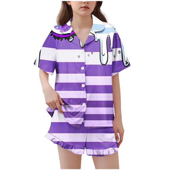 Makaor Pajamas for Kids Boys Girls Halloween Button down Short Sleeve Loungewear Shorts Sleepwear Striped Soft Nightwear