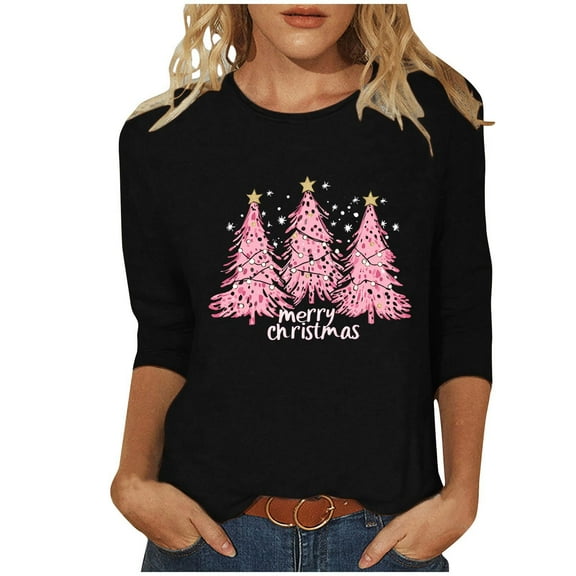 Makaor Plus Size Casual Tops Crew Neck Shirts Christmas Tree Graphic 3/4 Sleeve Pullover Tees Cute Vacation Clothes