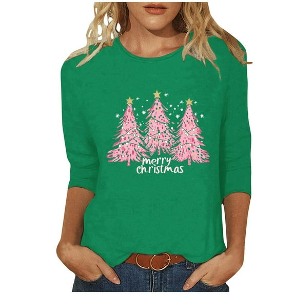 Makaor Plus Size Casual Tops Crew Neck Shirts Christmas Tree Graphic 3/4 Sleeve Pullover Tees Cute Vacation Clothes