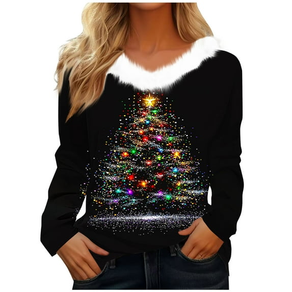 Makaor Plus Size Casual Tops Plus Size V Neck Shirts Christmas Tree Graphic Long Sleeve Pullover Tees Cute Fall Winter Clothes