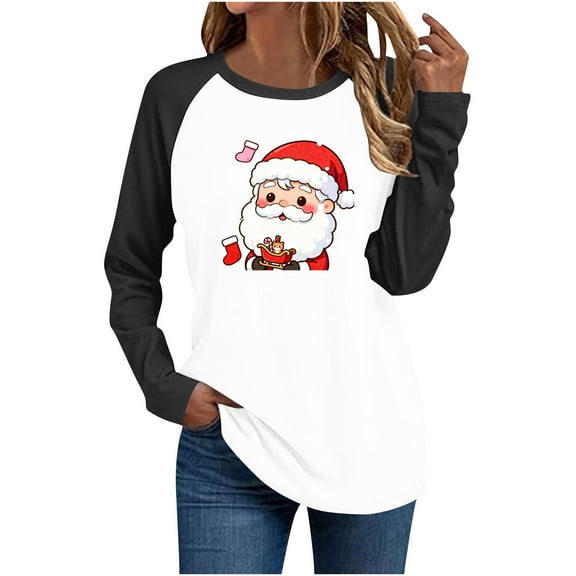 Makaor Plus Size Dressy Tops for Women Christmas Crew Neck Shirts Tunic Santa Graphic 3/4 Sleeve Pullover Tees Cute Fall Winter Clothes