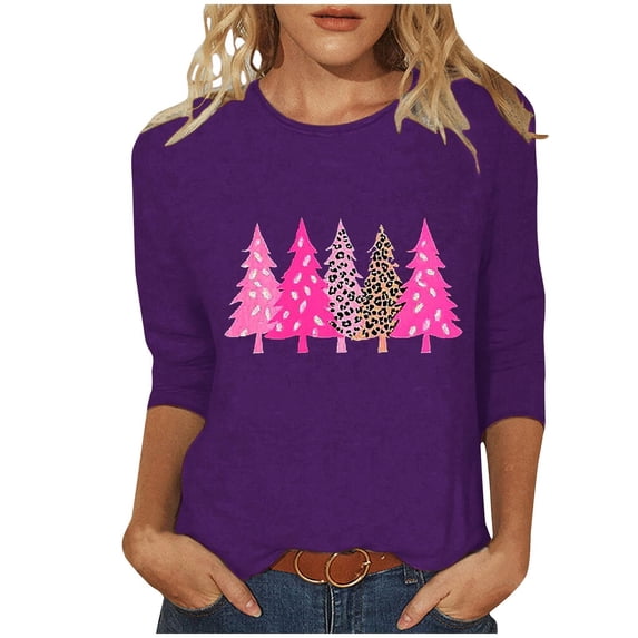 Makaor Plus Size Dressy Tops for Women Crew Neck Shirts Christmas Tree Graphic 3/4 Sleeve Pullover Tees Cute Vacation Clothes