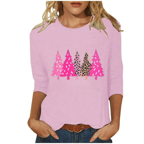 Makaor Plus Size Dressy Tops for Women Crew Neck Shirts Christmas Tree Graphic 3/4 Sleeve Pullover Tees Cute Vacation Clothes