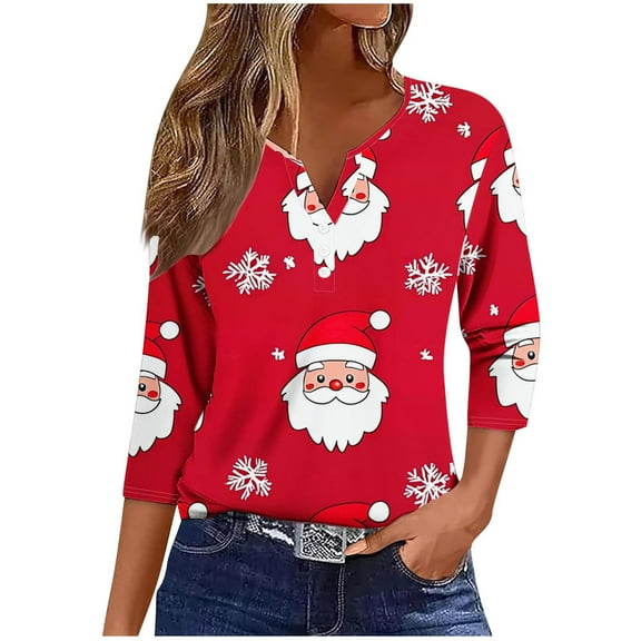 Makaor Plus Size Fall Tops Christmas V Neck Shirts Button Graphic 3/4 Sleeve Pullover Tees Cute Vacation Clothes