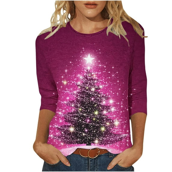 Makaor Plus Size Fall Tops Crew Neck Shirts Christmas Tree Graphic 3/4 Sleeve Pullover Tees Cute Vacation Clothes