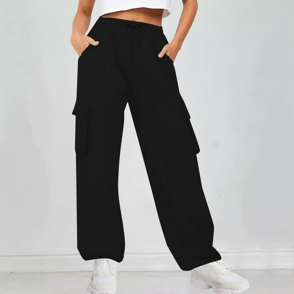 Makaor Plus Size Sweatpants for Women with Pockets Elastic Waist Straight Leg Solid Lounge Pants Black S