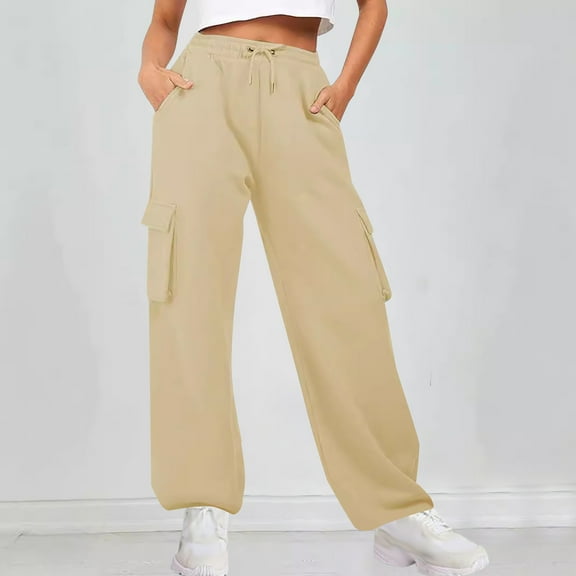 Makaor Plus Size Sweatpants for Women with Pockets Elastic Waist Straight Leg Solid Lounge Pants Khaki S