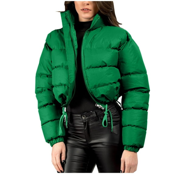 Makaor Puffer Jacket Women Hooded Coat Solid Color Zipper Long Sleeve Outerwear Quilted Winter Warm Tops Clothes Green S