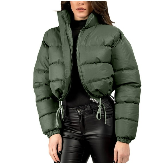 Makaor Puffer Jacket Women Hooded Coat Solid Color Zipper Long Sleeve Outerwear Quilted Winter Warm Tops Clothes
