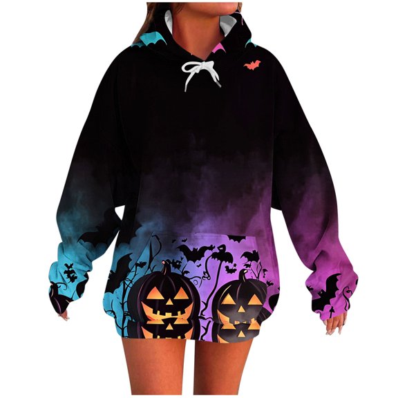 Makaor Pullover Hoodies for Women Halloween Tunic Sweatshirt with Pockets Fleece Long Sleeve Tops Pumpkin Oversized Clothes