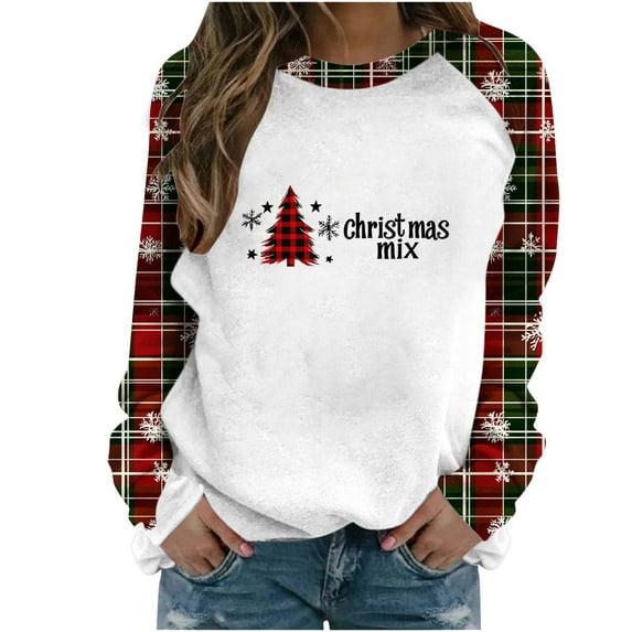 Makaor Pullover Sweatshirts for Women Christmas Crew Neck Tops Color Block Long Sleeve Tees Cute Vacation Clothes