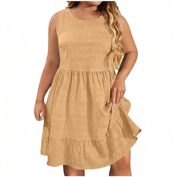 Makaor Ruffle Dress Women A Line Mini Dresses Plus Size Sleeveless Dress Solid Crew Neck Lounge Dress Beige 3XL