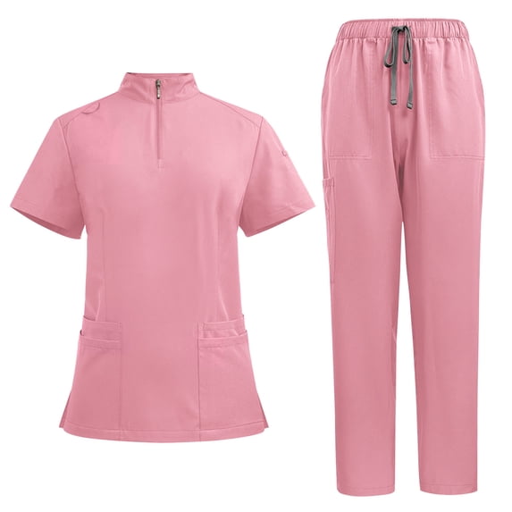 Makaor Scrub Sets for Women Plus Size 2 Piece Solid Color Outfits with Pockets Short Sleeve Button down Shirts Long Pants Work Clothes