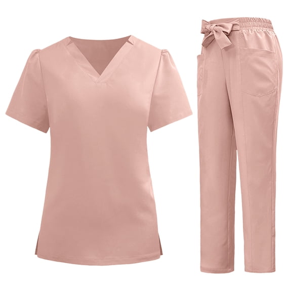 Makaor Scrub Sets for Women Plus Size 2 Piece Solid Color Sets with Pockets Short Sleeve T Shirts Long Pants Work Clothes