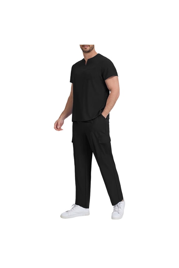 Scrubs for Men Set Big and Tall 2 Piece Solid Color Matching Sets Short Sleeve Button down Shirts Long Pants Casual Clothes