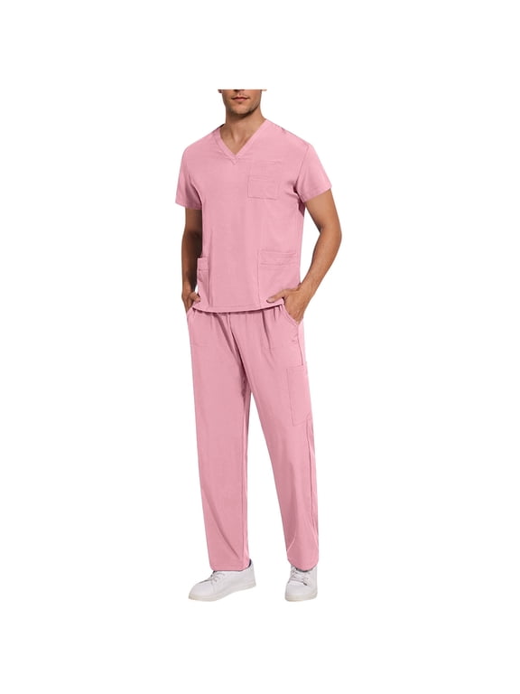 Scrubs for Men Set Big and Tall 2 Piece Solid Color Sets with Pockets Short Sleeve T Shirts Long Long Pants Clothes