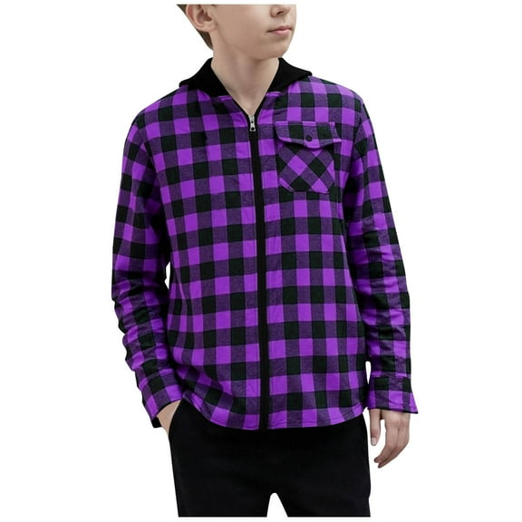 Makaor Shacket Jackets for Kids Boys Girls Toddler Hooded Coat Plaid Zip up Long Sleeve Outerwear Fall Winter Clothes