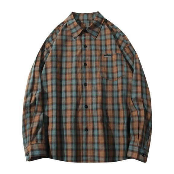 Makaor Shacket Jackets for Mens Collared Coat Plaid Button Long Sleeve Outerwear Cotton Fall Winter Tops Clothes Coffee