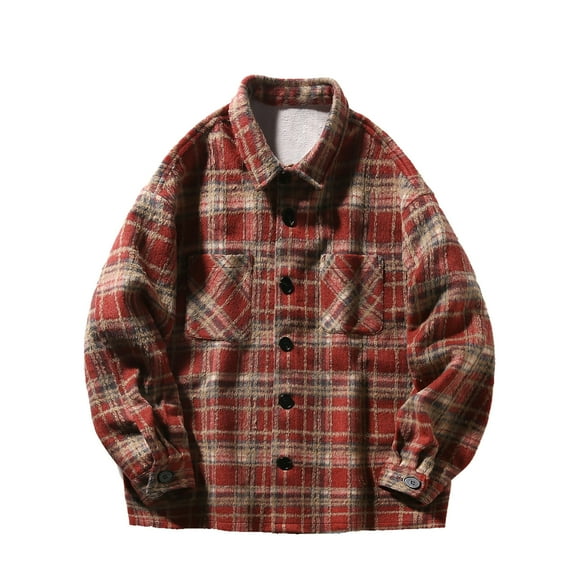 Makaor Shacket Jackets for Mens Fleece Collared Coat Plaid Big and Tall Button Long Sleeve Outerwear Fall Winter Clothes